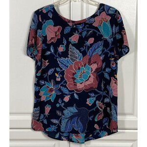 Loft Top Size L Blue Floral Bold Print Short Sleeve Work Career Business Casual